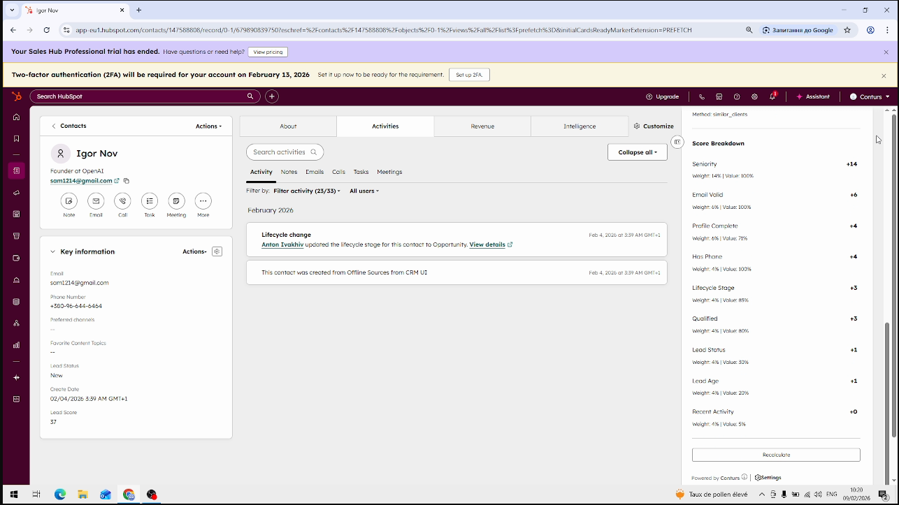 Score breakdown showing weighted factors for a HubSpot lead